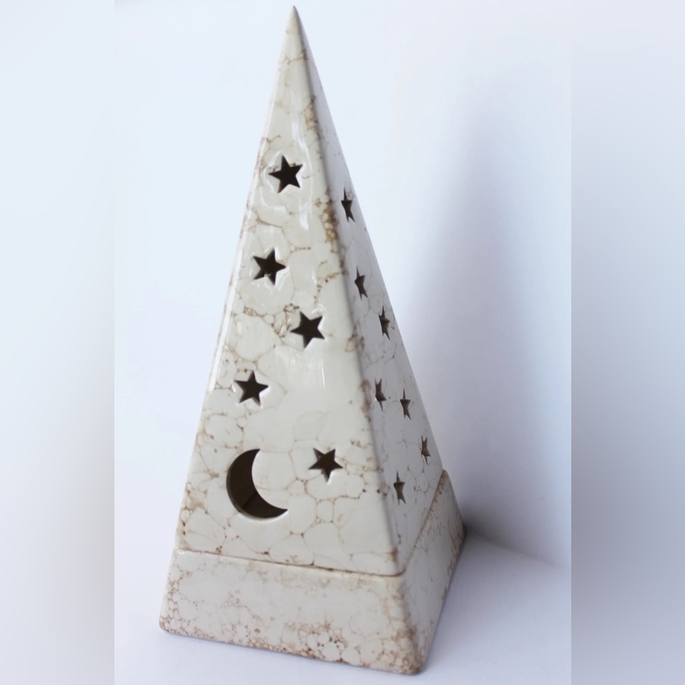 PartyLite Cream Marbleized Pyramid Candle Holder with Star & Moon Cutouts